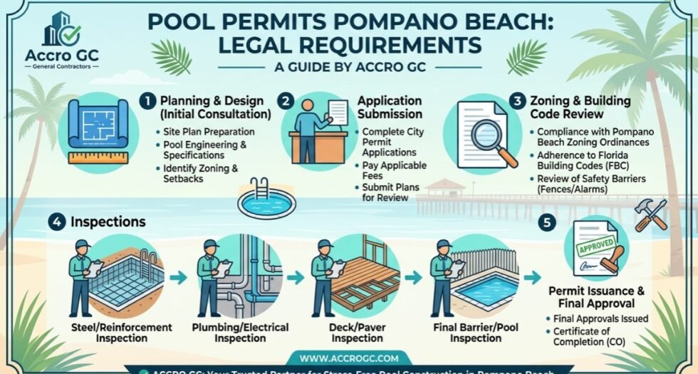 Licensed pool construction site in Pompano Beach, Broward County, managed by Accro GC, showing compliance with building permits