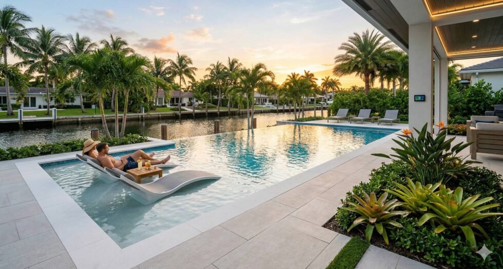 Luxury infinity pool with Baja shelf and sun ledges in Fort Lauderdale by Accro GC.