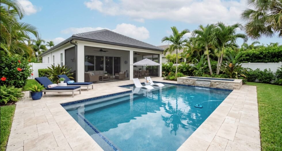 Professional gunite pool construction in Weston and Davie featuring a 12x24 backyard swimming pool with concrete decking.